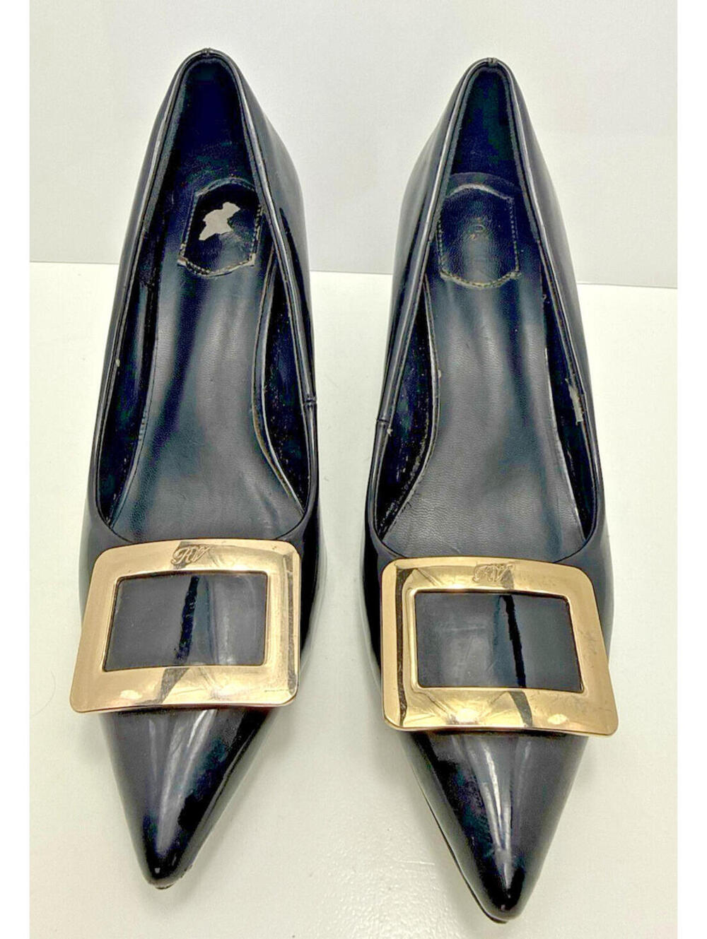 Roger Vivier Black Patent Leather Belle Trompette Sculpted Heel Pumps sz 38